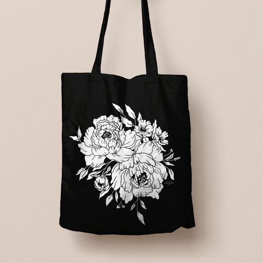 Market Peonies Tote Bag - Black